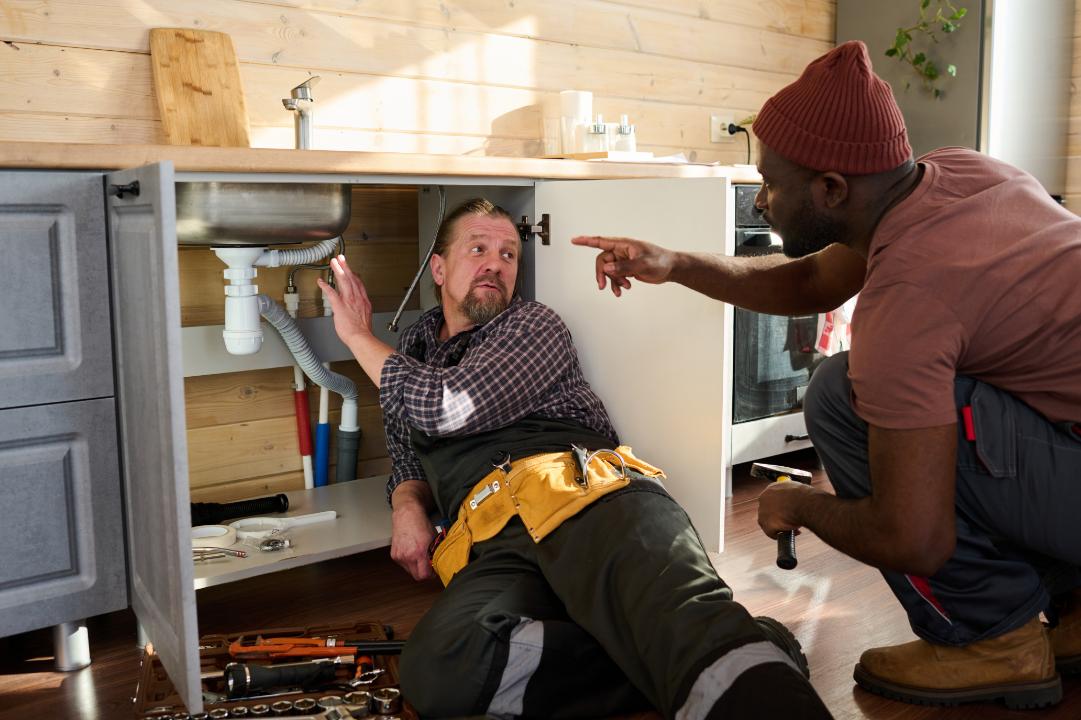 Two plumbers discussing work beneath a kitchen sink